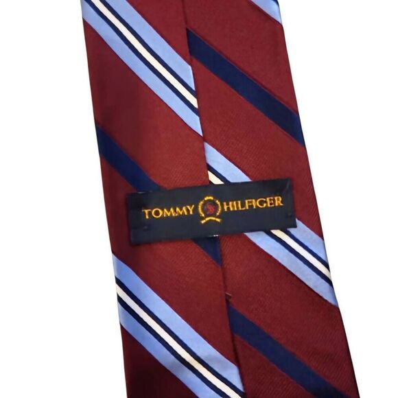 Tommy Hilfiger Silk Maroon Red White & Blue with Solid Blue Contrast Tail Tie - Picture 7 of 7